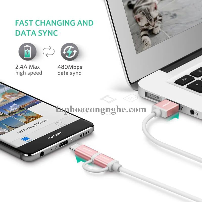 Ugreen 30542 0.5M màu Hồng Cáp USB-A sang Micro USB + USB-C cao cấp US177 30030542